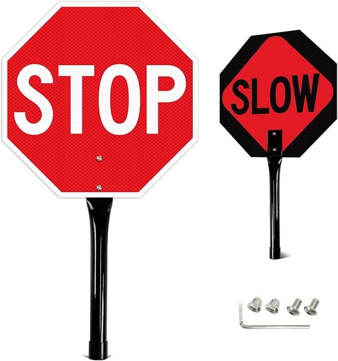 GicnKeuz Stop Slow Sign with Metal Handle, 13x13 inches Double Sided Slow/Stop sign, Traffic Reflective Aluminum Sign, Fade Resistant/Waterproof, Easy to Mount (1 Pack)