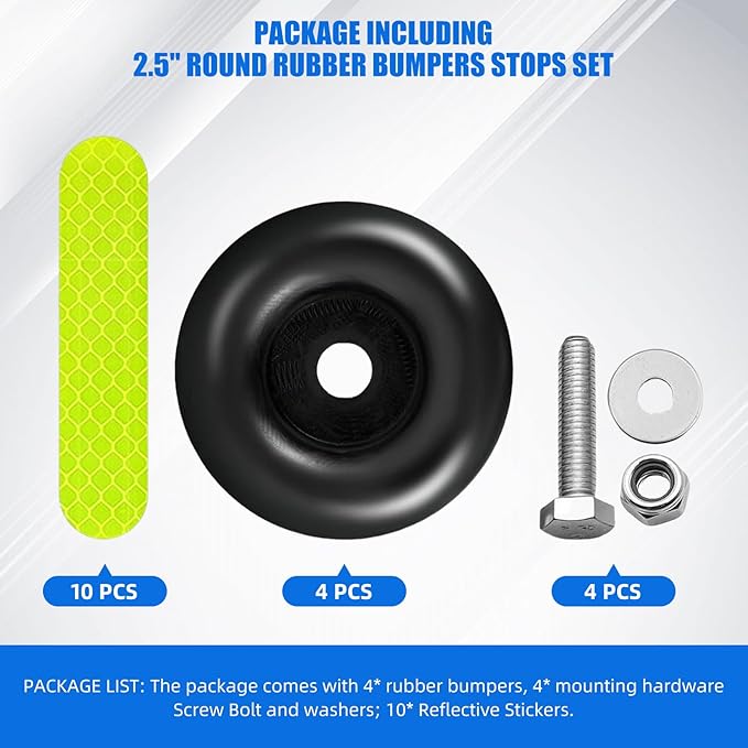 2.5" Round Rubber Trailer Bumpers Compatible with Truck Ramp Door Cargo Hatch Generators, Pressure Washers, Air Compressors, Pumps Rubber Bump Stops - 4-pack (with screw kit and reflective stickers)