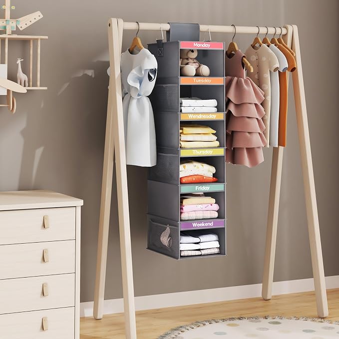 Fixwal Weekly Kids Clothes Organizer 2 Pack 6-Shelf Hanging Storage | Nonwoven - Image 3