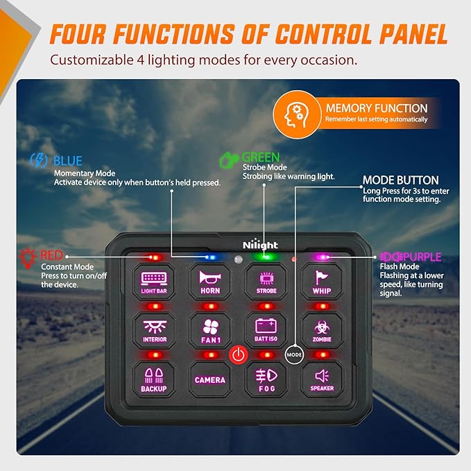 Nilight 12 Gang Switch Panel Circuit Control Relay System RGB Backlight Fuse Wiring Harness Toggle Momentary Strobe Flash Modes Automatic Dimmable 12V 24V for Car Truck Camper SUV