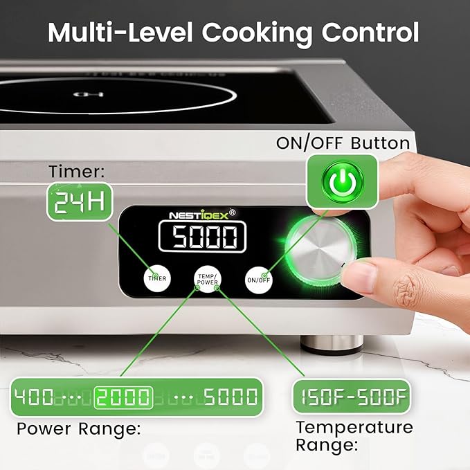 5000W Commercial Induction Cooktop, NESTIQEX 208V 3-Phase Large Induction Burner with 20 Power & Temp Levels, 9.25" Large Coil, 24h Timer, Pro Electric Countertop Burners for Restaurant