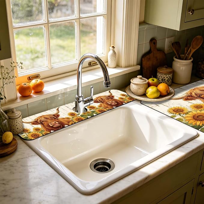 3 Pcs 2 Size Kitchen Sink Splash Guard Faucet Mat Highland Cow Pattern Faucet - Image 5
