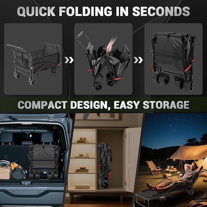 LEVELEVE Heavy Duty Folding Wagon - 2-in-1 Collapsible Cart, 650lb Capacity, All-Terrain Wheels w/Brakes & Side Pockets (Dark Gery)