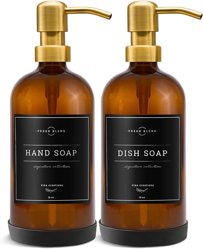 Vine Creations Amber Glass Soap Dispenser Set, Dish Soap Dispenser Bathroom | - Image 7