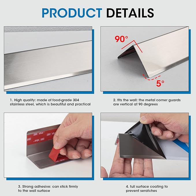 Stainless Steel Wall Corner Guards, 1 x 1 x 48 inches (10 Pcs Pack). Made of 304 Steel, These 90-Degree Angle Metal Corner Protectors are Designed for Wall Protection and Decoration