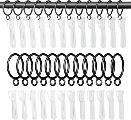 1.5 Inch Curtain Rings with Hooks, 24 Pack Black Metal Drapery Rings with Pins by GASRONS