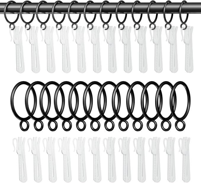 1.25 Inch Curtain Rings with Hooks, 24 Pack Black Metal Drapery Rings with Pins by GASRONS