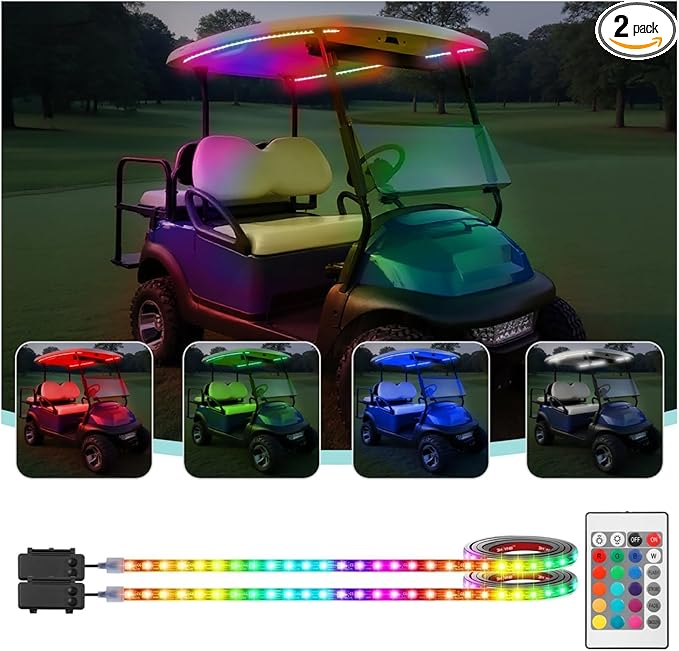 Battery Powered Golf Cart Canopy Lights, 2 Pcs 47.25 Inches Multicolor Golf Cart Roof Light with Remote, IP68 Fully Waterproof Golf Carts Underglow Led Strip Lights for EZGO Yamaha Club Car Boat