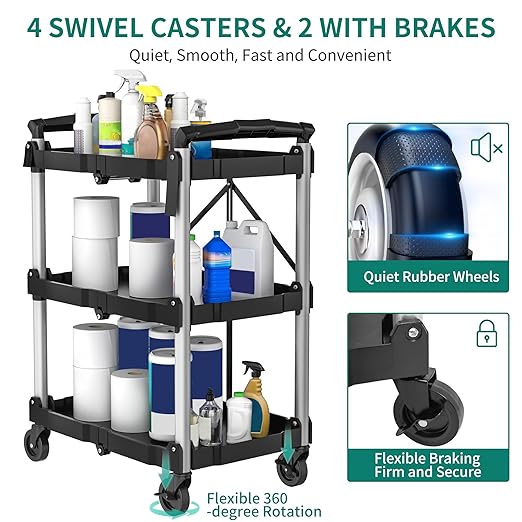 YITAHOME 240LBS Folding Utility Cart with Wheels, 3 Tier Foldable Service Cart Collapsible Rolling Cart with 360° Swivel Wheels (2 with Brakes), Portable Tool Cart for Home Garage Restaurant Office