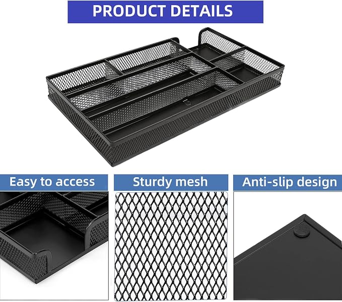 2 Pack Desk Drawer Organizer, Small Metal Mesh Desk Organizer Tray, Pen Pencil - Image 5