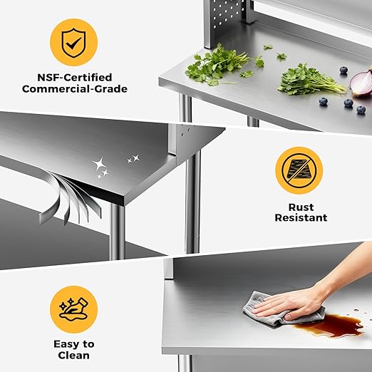30x24 in NSF All Stainless Steel Table with Adjustable Shelf & Pegboard Panels & Casters, Kitchen Prep Table Commercial Heavy-Duty Worktable with Large Space Storage for Restaurant Garages