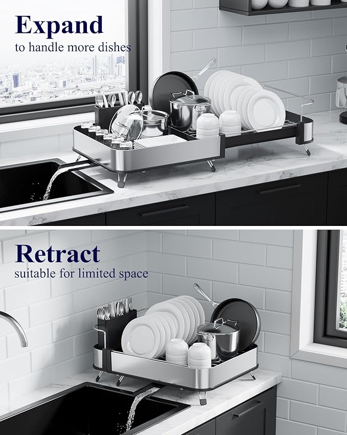 Kitsure Expandable Metal Dish Drying Rack, 16.1-26.6" L x 12.6" W, Auto-Drain - Image 7