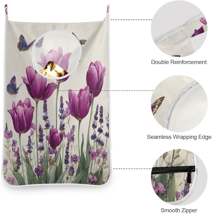 Purple Tulilp Butterfly Hanging Laundry Hamper Door Hampers Bag Basket - Image 5