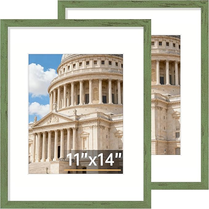 Vittanly 11x14 Picture Frame Set of 2, Solid Wood Frame for Wall Art Photo and Prints, Display Photo 8x10 with Mat or 11x14 without Mat, Rustic Green