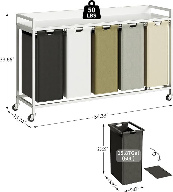 Herture Laundry Hamper with Shelf, Laundry Basket 5 Section, Laundry Sorter - Image 2