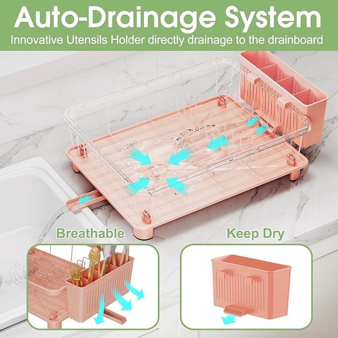 Pink Dish Drying Rack - Space-Saving Dish Rack,Dish Racks for Kitchen Counter with Drainboard, Birthday Christmas Day Mothers Day Thanksgiving Gifts for Mom Grandma Wife Kitchen Enthusiasts