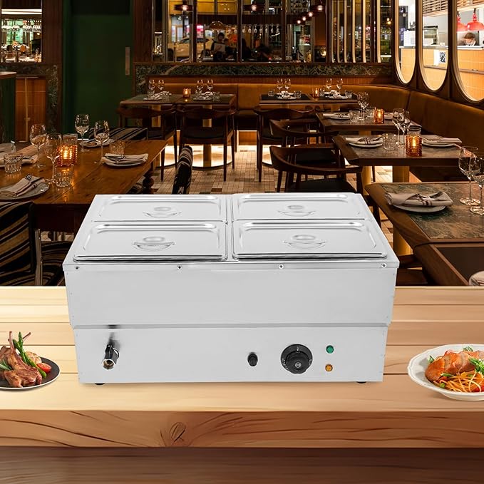 4 Pan Commercial Food Warmer,110V Electric Stainless Steel Steam Food Warmer with Lid,Electric Bain Marie Countertop with Temperature Control for Catering,Restaurant,Party (Small 4-Pan)