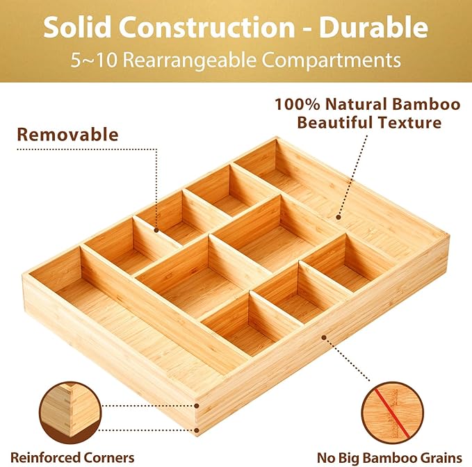 Extra Large Bamboo Desk Drawer Organizer, Wood Junk Organizer Tray - Image 5