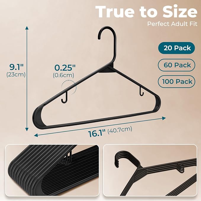 HOUSE DAY Black Plastic Hangers 20 Pack, Slim Space-Saving Clothes Hangers | - Image 3