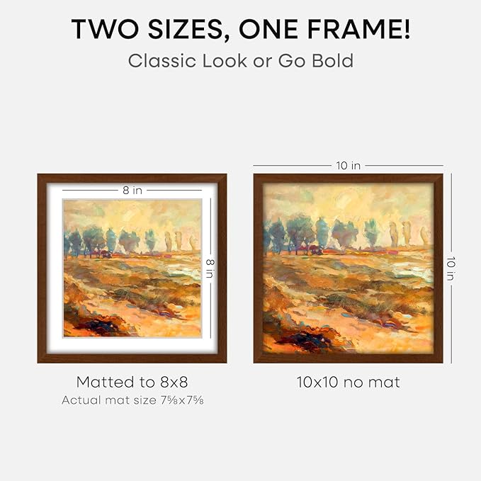 Homeforia 10x10 Picture Frame Brown, High-End Dark Oak 10 x 10 Square Brown Wood Frames with Mat 8 by 8 Photo, 10by10 Wooden Walnut Poster Frame Matted to 8x8 Print, Tempered Glass, Wall Kit, Set of 3