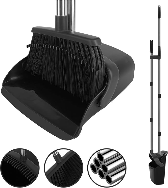 Black Broom and Dustpan Combo Set, Extended Reach Design, Built-in Comb Dustpan by UDUK