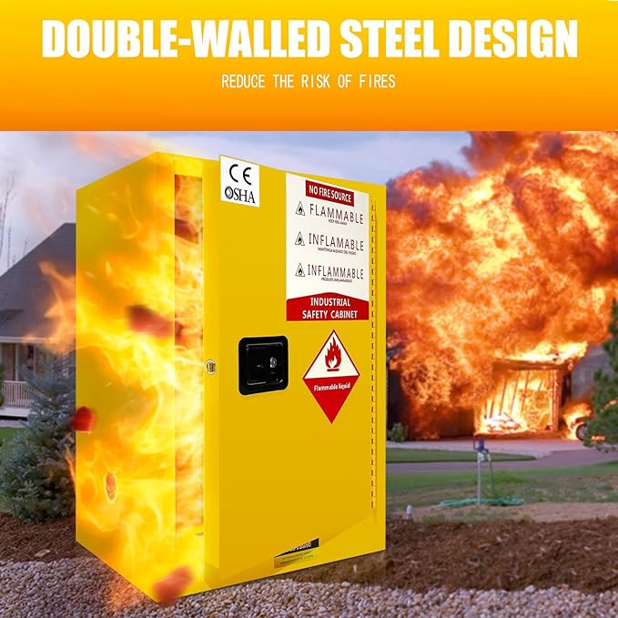 Flammable Safety Cabinet 23" x 18" x 36" Yellow, Cold-Rolled Steel 40 Gallon Explosion Proof Cabinet, Manual Close & Adjustable Shelf for Commercial Facilities, Lab & Industrial Warehouses