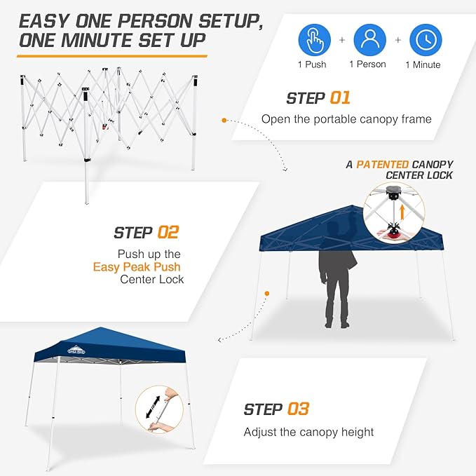 EAGLE PEAK 10x10 Slant Leg Pop-up Canopy Tent Easy One Person Setup Instant Outdoor Beach Canopy Folding Portable Sports Shelter 10x10 Base 8x8 Top (Dark Blue)