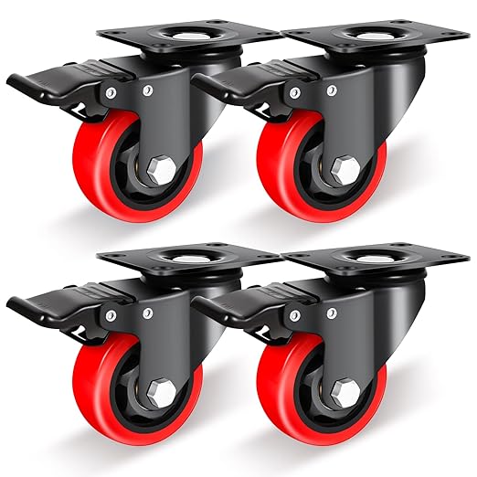 Nefish Casters Wheels Set of 4, 3 Inch Heavy Duty Caster with Brake 1200 Lbs, Safety Dual Locking Plate Castors, Top Swivel Wheels, No Noise Polyurethane for Furniture, Dollies, Trolleys (LJ-PC-3IN)