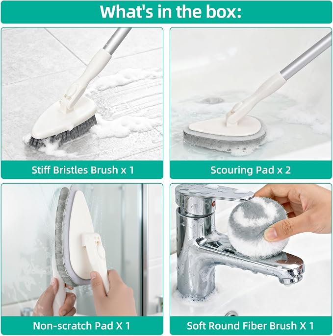 Qaestfy 4-in-1 Tub and Tile Shower Scrubber, Soft & Stiff Bristles Bathroom - Image 3
