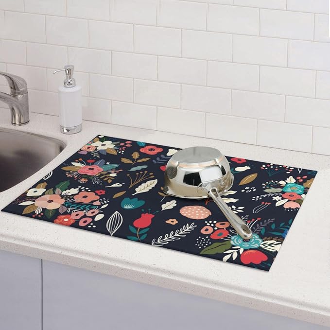 Colorful Flowers Black Dish Drying Mat - Image 7