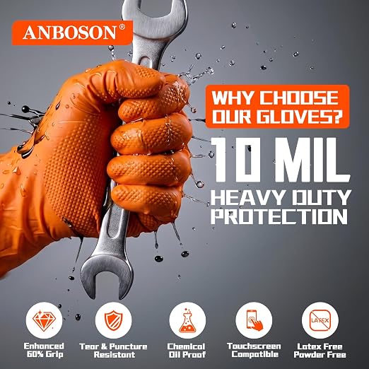 ANBOSON 10 Mil Heavy Duty Mechanic Nitrile Gloves, XLarge Orange 100 Count - Image 2