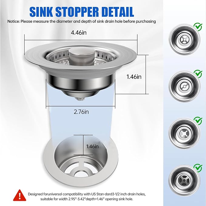Kitchen Sink Drain Strainer, 304 Stainless Steel Sink Drain Plug, Quick Drain - Image 2