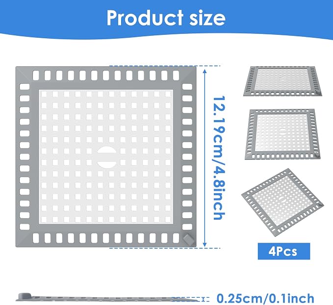 4 Pack Drain Hair Catcher, 4.8" Square Shower Drain Cover, 304 Stainless Steel - Image 2