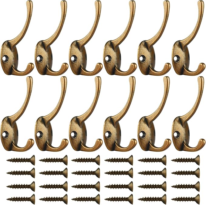IBosins 12 Pack Antique Brass Double Coat Hooks Wall Mounted - Image 2