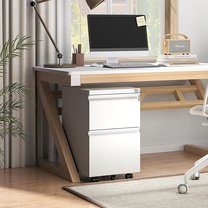 Fully Assembled 2 Drawer File Cabinet, Locking Full Steel Filing Cabinet, Quiet Slides, Anti-Tipping Wheels, Fits A4/Letter/Legal, for Home & Small Office, Matte White