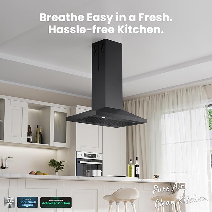 Island Range Hood 30 Inch, 390 CFM kitchen Hood with Dual-Sided Touch/Gesture Control, Ceiling Mount Kitchen Vent Hood, Convertible Ducted/Ductless, 3-Speed Fan&4 LED Lights, 2 Baffle Filters, Black