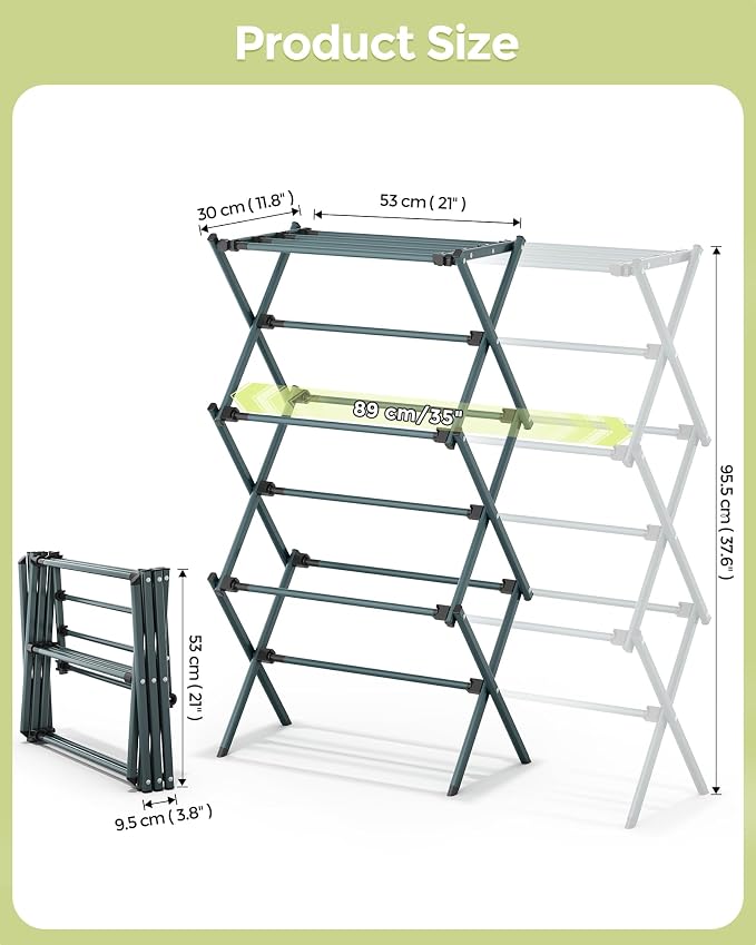 3-Tier Foldable Clothes Drying Rack, 37.6" H, Tool-free Assembly, Extendable - Image 3