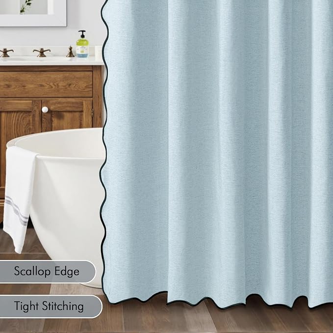 MIULEE Fog Blue Scalloped Linen Shower Curtain 72x72 Inches - Image 5