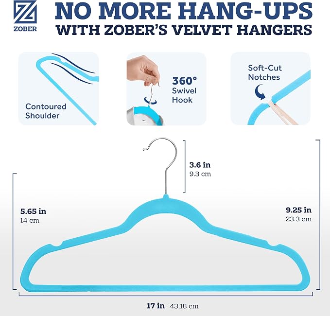Zober Turquoise Velvet Hangers 50 Pack, Slim Non Slip Clothes Hangers | Slim - Image 3