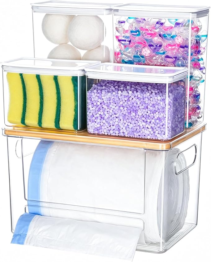 iCASA 5 in 1 Trash Bag Holder Dispenser Dishwasher & Laundry Pods Container by iCASA