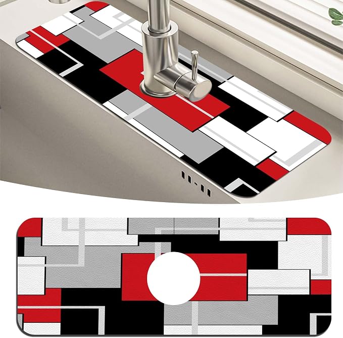 MCALK Geometric Red Kitchen Sink Faucet Mat Splash Guard, Absorbent Quick-Dry by MCALK