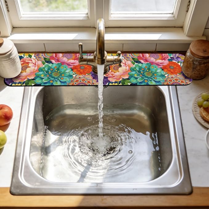 3 Pcs 2 Size Kitchen Sink Splash Guard Faucet Mat Datura Flowers Pattern Faucet - Image 6