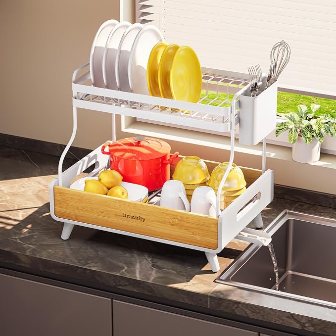 Urackify 2-Tier Stainless Steel&Bamboo Dish Rack - Image 8