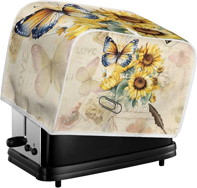Vintage Butterfly Sunflower 2 Slice Toaster Cover - Bread Machine Dust Cover Protection, Stain Resistant with Handle Keep Clean