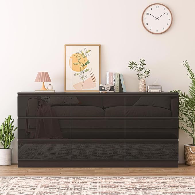 9 Drawers Dresser with Charging Station, Modern Large Dresser with 9 Handle Free Drawers, Wood Chest of Drawers for Bedroom, Living Room, Entryway, Hallway, Black