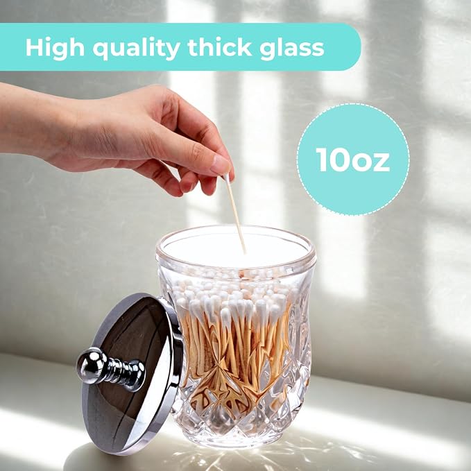 10Oz Clear Q-Tip Holder, Round Thick Glass & Metal Lid - Image 6