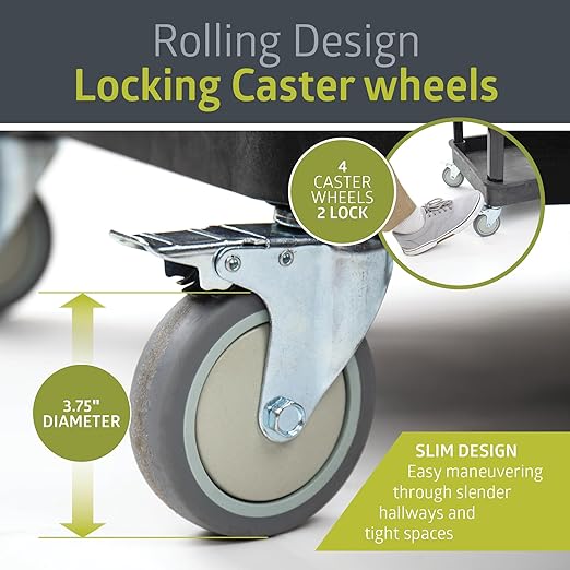 Pearington 3-Shelf Multipurpose Mobile Utility Cart with 2 Bins and Lockable Wheels, Heavy-Duty Plastic Rolling Presentation Cart for Offices and Warehouses, Black