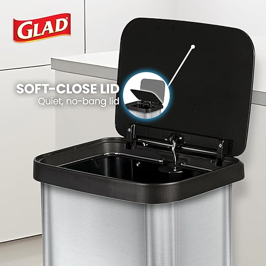 Glad Stainless Steel Step Trash Can with Clorox Odor Protection | Large Metal Kitchen Garbage Bin with Soft Close Lid, Foot Pedal and Waste Bag Roll Holder, 20 Gallon, Stainless