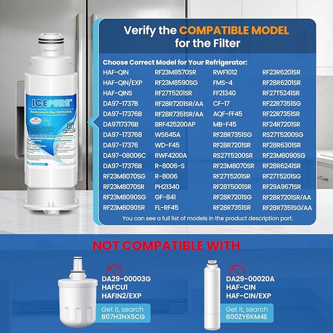 ICEPURE DA97-17376B Refrigerator Water Filter Replacement for DA97-08006C, HAF-QIN, HAF-QIN/EXP, RF23M8070SG, RF23M8070SR, RF23M8090SG, RF23M8090SR,RF23M8570SR, RF23M8590SG, BRF425200AP, 4PACK