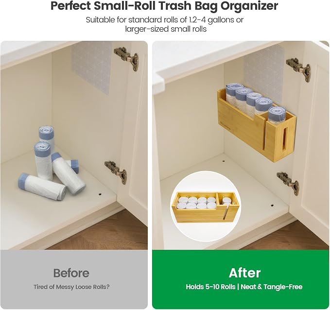 Bamboo Small Trash Bag Dispenser, 1.2-4 Gallon Bags, Wall Mount | Fits rolls up - Image 2